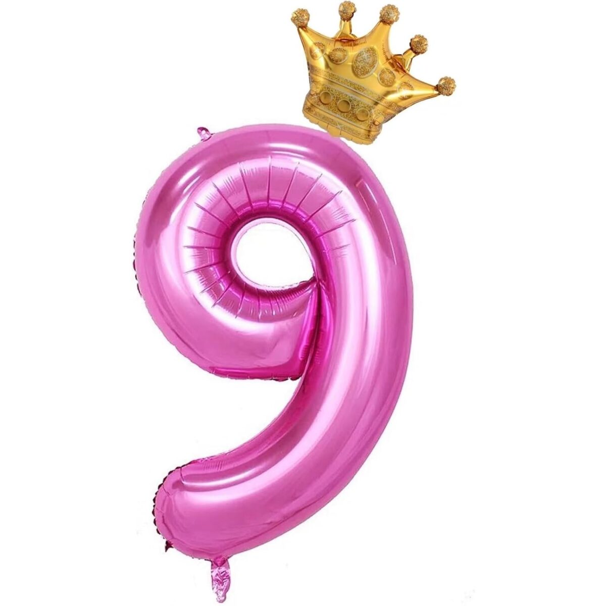Balon din Folie Metalizata Embo, Figurina Cifra si Coroana, Tema Aniversare 100 cm, Ambalaj Individual, Pai inclus, Umflare cu Aer sau Heliu, Roz, Cifra 9 - imagine 4