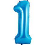 Balon din Folie Metalizata Embo, Figurina Cifra si Coroana, Tema Aniversare 100 cm, Ambalaj Individual, Pai inclus, Umflare cu Aer sau Heliu, Albastru, Cifra 1 - imagine 2