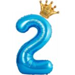 Balon din Folie Metalizata Embo, Figurina Cifra si Coroana, Tema Aniversare 100 cm, Ambalaj Individual, Pai inclus, Umflare cu Aer sau Heliu, Albastru, Cifra 2 - imagine 3