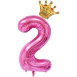 Balon din Folie Metalizata Embo, Figurina Cifra si Coroana, Tema Aniversare 100 cm, Ambalaj Individual, Pai inclus, Umflare cu Aer sau Heliu, Roz, Cifra 2
