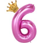 Balon din Folie Metalizata Embo, Figurina Cifra si Coroana, Tema Aniversare 100 cm, Ambalaj Individual, Pai inclus, Umflare cu Aer sau Heliu, Roz, Cifra 6