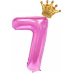Balon din Folie Metalizata Embo, Figurina Cifra si Coroana, Tema Aniversare 100 cm, Ambalaj Individual, Pai inclus, Umflare cu Aer sau Heliu, Roz, Cifra 7