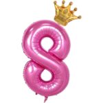 Balon din Folie Metalizata Embo, Figurina Cifra si Coroana, Tema Aniversare 100 cm, Ambalaj Individual, Pai inclus, Umflare cu Aer sau Heliu, Roz, Cifra 8