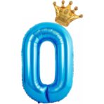 Balon din Folie Metalizata Embo, Figurina Cifra si Coroana, Tema Aniversare 100 cm, Ambalaj Individual, Pai inclus, Umflare cu Aer sau Heliu, Albastru, Cifra 0