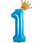 Balon din Folie Metalizata Embo, Figurina Cifra si Coroana, Tema Aniversare 100 cm, Ambalaj Individual, Pai inclus, Umflare cu Aer sau Heliu, Albastru, Cifra 1
