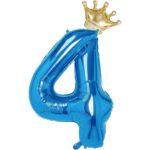 Balon din Folie Metalizata Embo, Figurina Cifra si Coroana, Tema Aniversare 100 cm, Ambalaj Individual, Pai inclus, Umflare cu Aer sau Heliu, Albastru, Cifra 4