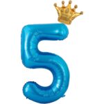 Balon din Folie Metalizata Embo, Figurina Cifra si Coroana, Tema Aniversare 100 cm, Ambalaj Individual, Pai inclus, Umflare cu Aer sau Heliu, Albastru, Cifra 5
