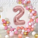Balon din Folie Metalizata Embo, Figurina Cifra, Tema Aniversare 100 cm, Ambalaj Individual, Pai inclus, Umflare cu Aer sau Heliu, Coral, Rose, Cifra 2 - imagine 6