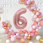 Balon din Folie Metalizata Embo, Figurina Cifra, Tema Aniversare 100 cm, Ambalaj Individual, Pai inclus, Umflare cu Aer sau Heliu, Coral, Rose, Cifra 6 - imagine 2