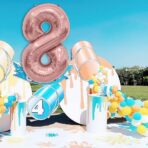 Balon din Folie Metalizata Embo, Figurina Cifra, Tema Aniversare 100 cm, Ambalaj Individual, Pai inclus, Umflare cu Aer sau Heliu, Coral, Rose Gold, Cifra 8 - imagine 4