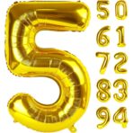 Balon din Folie Metalizata Embo, Figurina Cifra, Tema Aniversare 100 cm, Ambalaj Individual, Pai inclus, Umflare cu Aer sau Heliu, Auriu, Cifra 5 - imagine 7