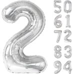 Balon din Folie Metalizata, Embo, Figurina Cifra, Tema Aniversare 100 cm, Ambalaj Individual, Pai inclus, Umflare cu Aer sau Heliu, Argintiu, Cifra 2 - imagine 8