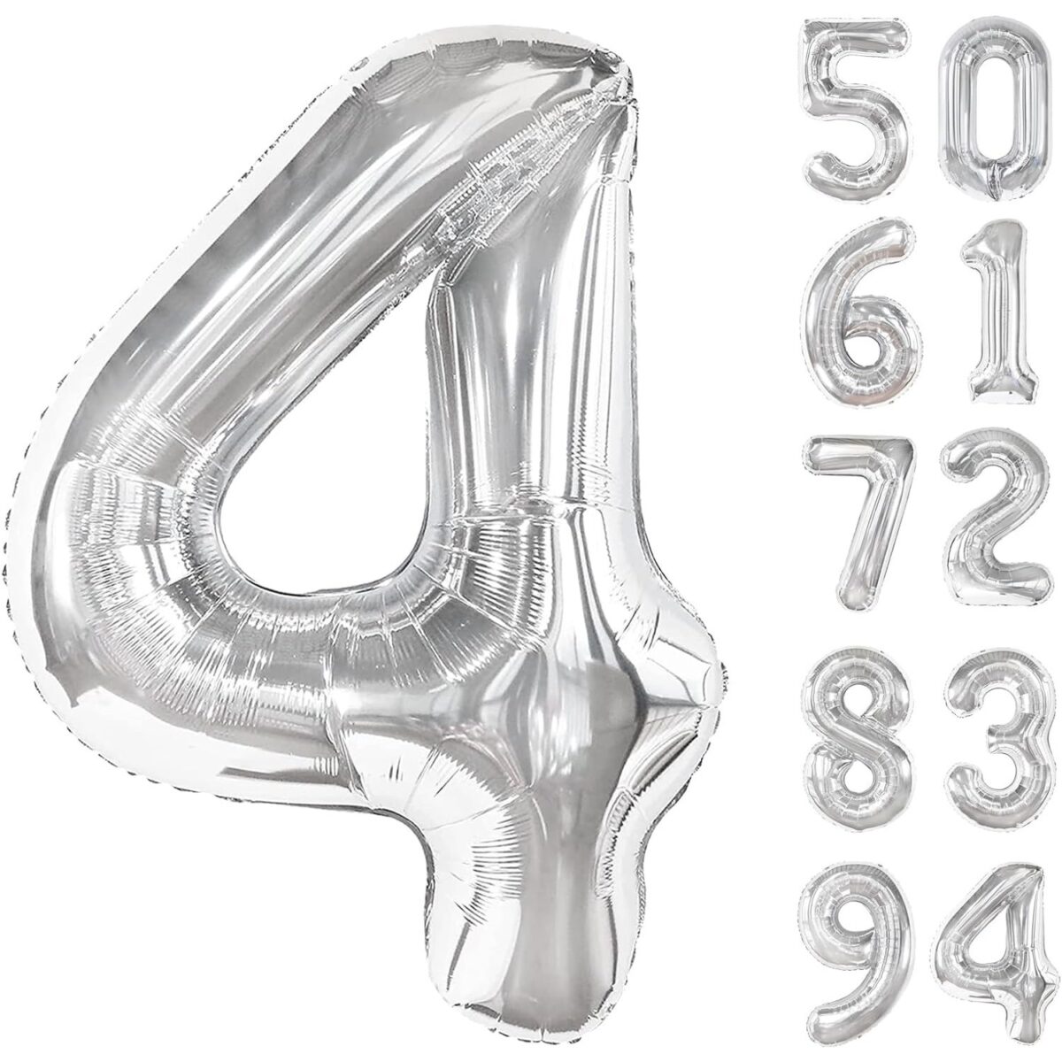 Balon din Folie Metalizata, Embo, Figurina Cifra, Tema Aniversare 100 cm, Ambalaj Individual, Pai inclus, Umflare cu Aer sau Heliu, Argintiu, Cifra 4 - imagine 2