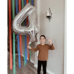 Balon din Folie Metalizata, Embo, Figurina Cifra, Tema Aniversare 100 cm, Ambalaj Individual, Pai inclus, Umflare cu Aer sau Heliu, Argintiu, Cifra 4 - imagine 5