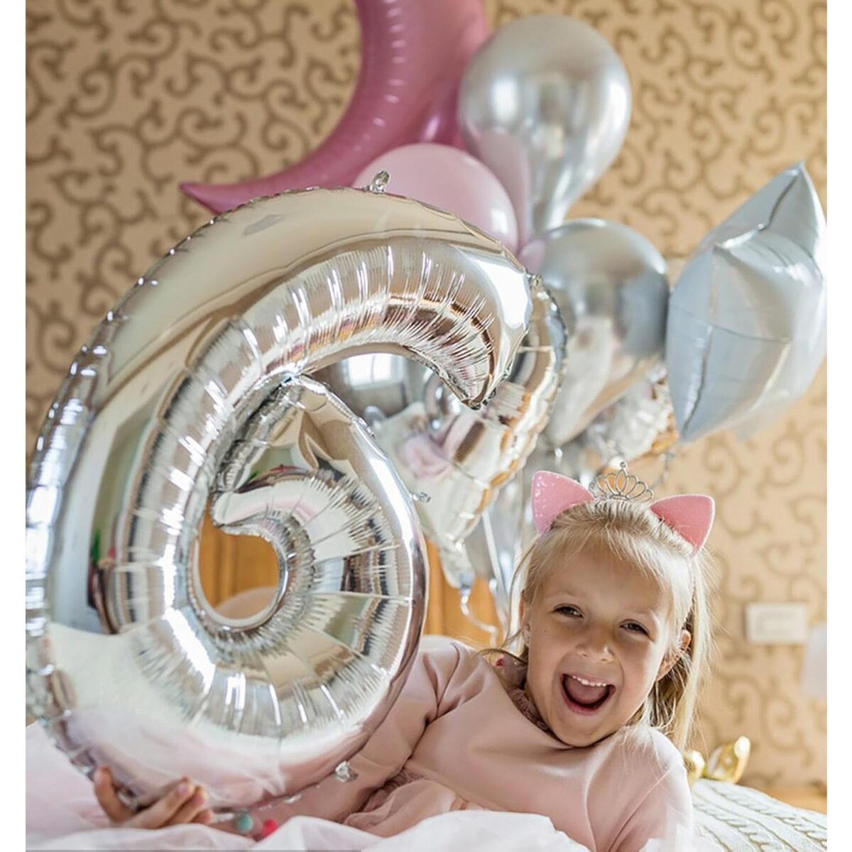 Balon din Folie Metalizata, Embo, Figurina Cifra, Tema Aniversare 100 cm, Ambalaj Individual, Pai inclus, Umflare cu Aer sau Heliu, Argintiu, Cifra 6 - imagine 2