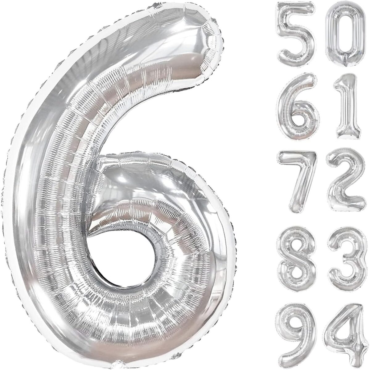 Balon din Folie Metalizata, Embo, Figurina Cifra, Tema Aniversare 100 cm, Ambalaj Individual, Pai inclus, Umflare cu Aer sau Heliu, Argintiu, Cifra 6 - imagine 4
