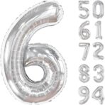 Balon din Folie Metalizata, Embo, Figurina Cifra, Tema Aniversare 100 cm, Ambalaj Individual, Pai inclus, Umflare cu Aer sau Heliu, Argintiu, Cifra 6 - imagine 4