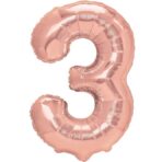 Balon din Folie Metalizata Embo, Figurina Cifra, Tema Aniversare 100 cm, Ambalaj Individual, Pai inclus, Umflare cu Aer sau Heliu, Coral, Rose Gold, Cifra 3