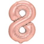 Balon din Folie Metalizata Embo, Figurina Cifra, Tema Aniversare 100 cm, Ambalaj Individual, Pai inclus, Umflare cu Aer sau Heliu, Coral, Rose Gold, Cifra 8
