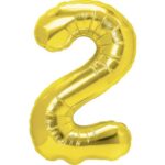 Balon din Folie Metalizata Embo, Figurina Cifra, Tema Aniversare 100 cm, Ambalaj Individual, Pai inclus, Umflare cu Aer sau Heliu, Auriu, Cifra 2