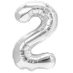 Balon din Folie Metalizata, Embo, Figurina Cifra, Tema Aniversare 100 cm, Ambalaj Individual, Pai inclus, Umflare cu Aer sau Heliu, Argintiu, Cifra 2