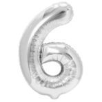Balon din Folie Metalizata, Embo, Figurina Cifra, Tema Aniversare 100 cm, Ambalaj Individual, Pai inclus, Umflare cu Aer sau Heliu, Argintiu, Cifra 6