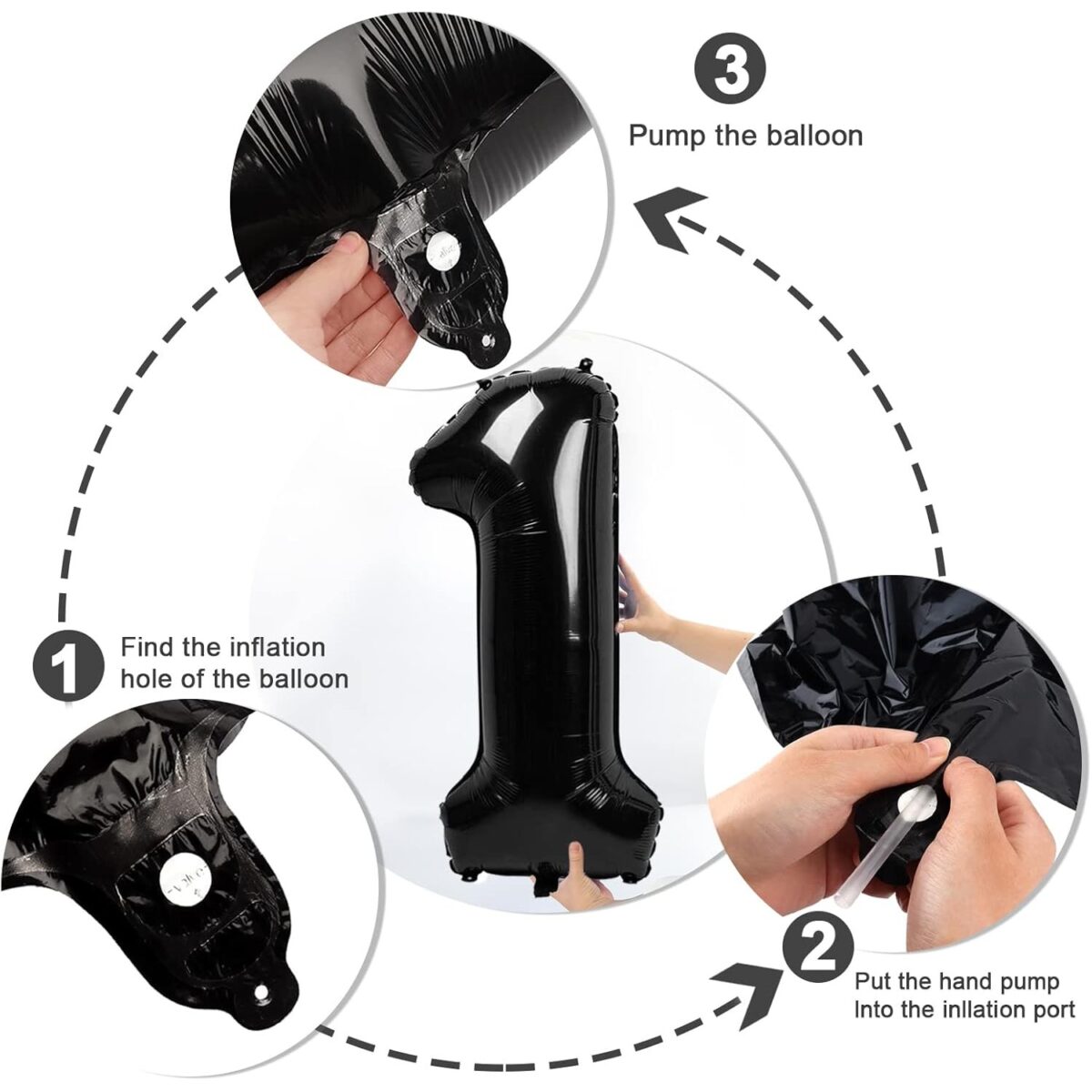 Balon din Folie Metalizata Embo, Figurina Cifra, Tema Aniversare 40 cm, Ambalaj Individual, Pai inclus, Umflare cu Aer sau Heliu, Negru, Cifra 1 - imagine 2