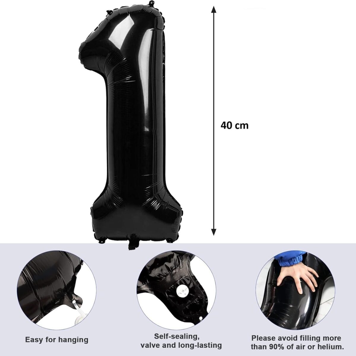 Balon din Folie Metalizata Embo, Figurina Cifra, Tema Aniversare 40 cm, Ambalaj Individual, Pai inclus, Umflare cu Aer sau Heliu, Negru, Cifra 1 - imagine 8