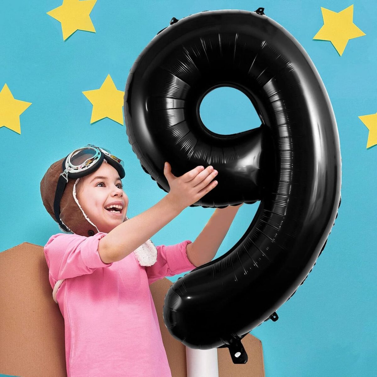 Balon din Folie Metalizata Embo, Figurina Cifra, Tema Aniversare 40 cm, Ambalaj Individual, Pai inclus, Umflare cu Aer sau Heliu, Negru, Cifra 9 - imagine 3