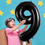 Balon din Folie Metalizata Embo, Figurina Cifra, Tema Aniversare 40 cm, Ambalaj Individual, Pai inclus, Umflare cu Aer sau Heliu, Negru, Cifra 9 - imagine 3