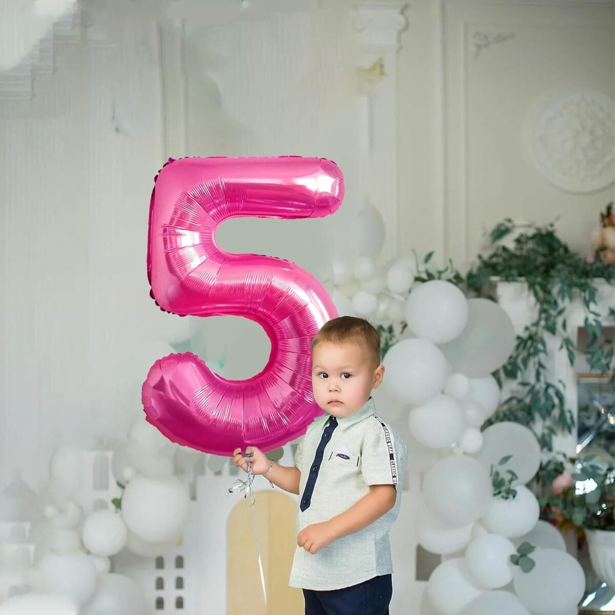 Balon din Folie Metalizata Embo, Figurina Cifra, Tema Aniversare 40 cm, Ambalaj Individual, Pai inclus, Umflare cu Aer sau Heliu, Roz, Cifra 5 - imagine 4