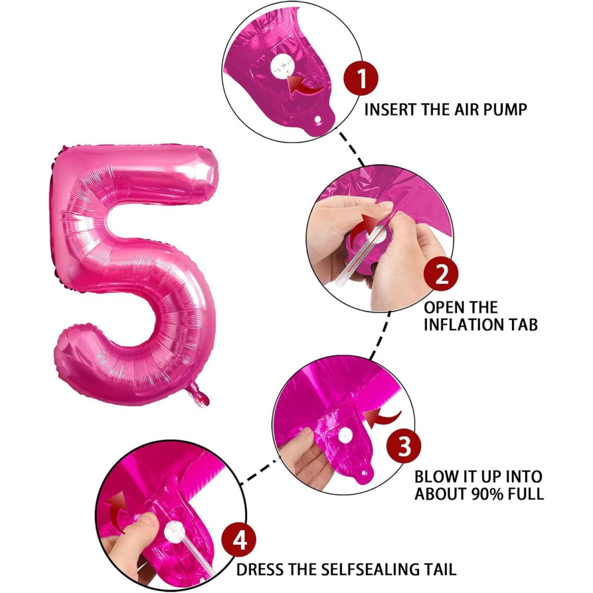 Balon din Folie Metalizata Embo, Figurina Cifra, Tema Aniversare 40 cm, Ambalaj Individual, Pai inclus, Umflare cu Aer sau Heliu, Roz, Cifra 5 - imagine 5