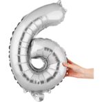 Balon din Folie Metalizata Embo, Figurina Cifra, Tema Aniversare 40 cm, Ambalaj Individual, Pai inclus, Umflare cu Aer sau Heliu, Argintiu, Cifra 6 - imagine 4
