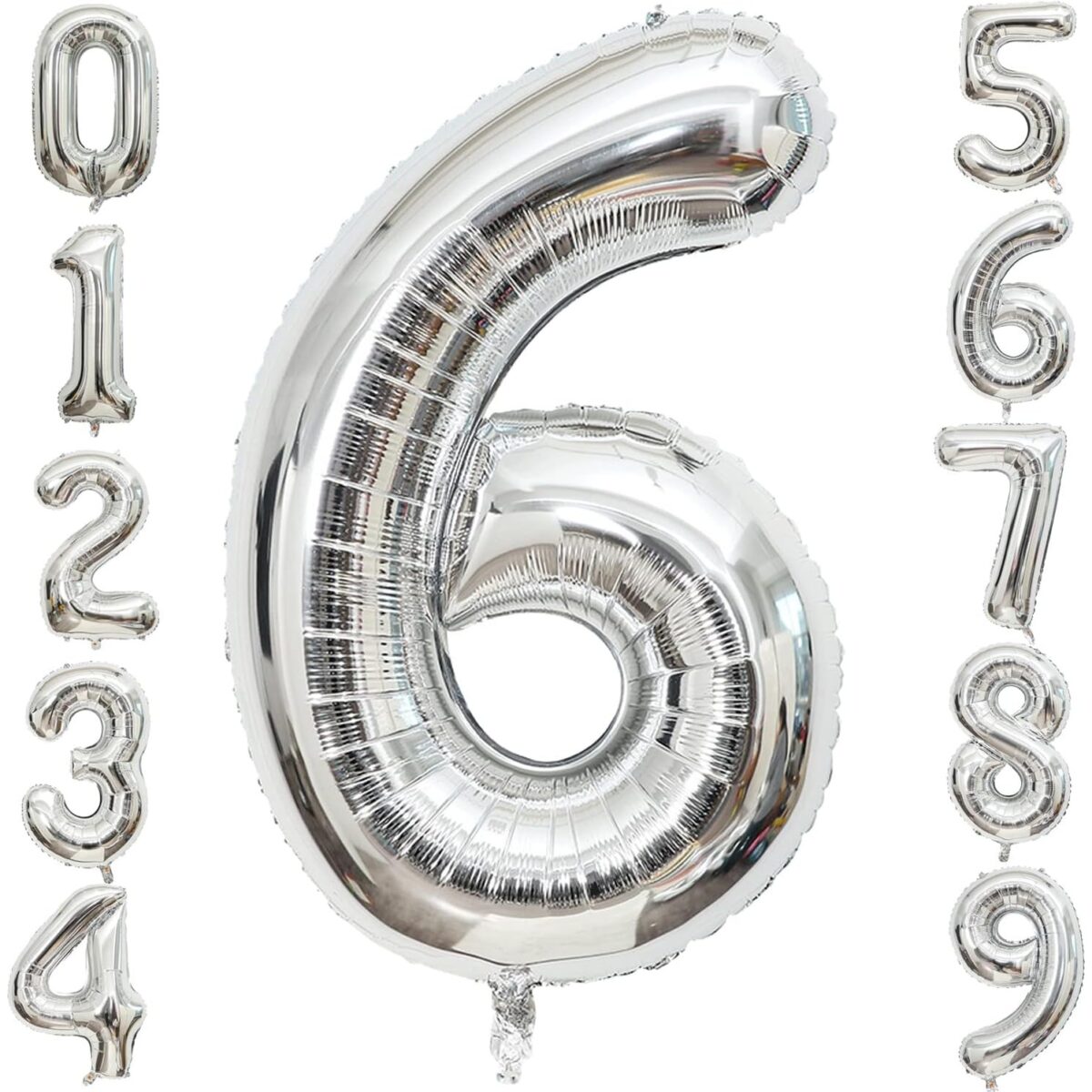 Balon din Folie Metalizata Embo, Figurina Cifra, Tema Aniversare 40 cm, Ambalaj Individual, Pai inclus, Umflare cu Aer sau Heliu, Argintiu, Cifra 6 - imagine 6