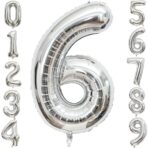 Balon din Folie Metalizata Embo, Figurina Cifra, Tema Aniversare 40 cm, Ambalaj Individual, Pai inclus, Umflare cu Aer sau Heliu, Argintiu, Cifra 6 - imagine 6