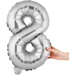 Balon din Folie Metalizata Embo, Figurina Cifra, Tema Aniversare 40 cm, Ambalaj Individual, Pai inclus, Umflare cu Aer sau Heliu, Argintiu, Cifra 8 - imagine 6