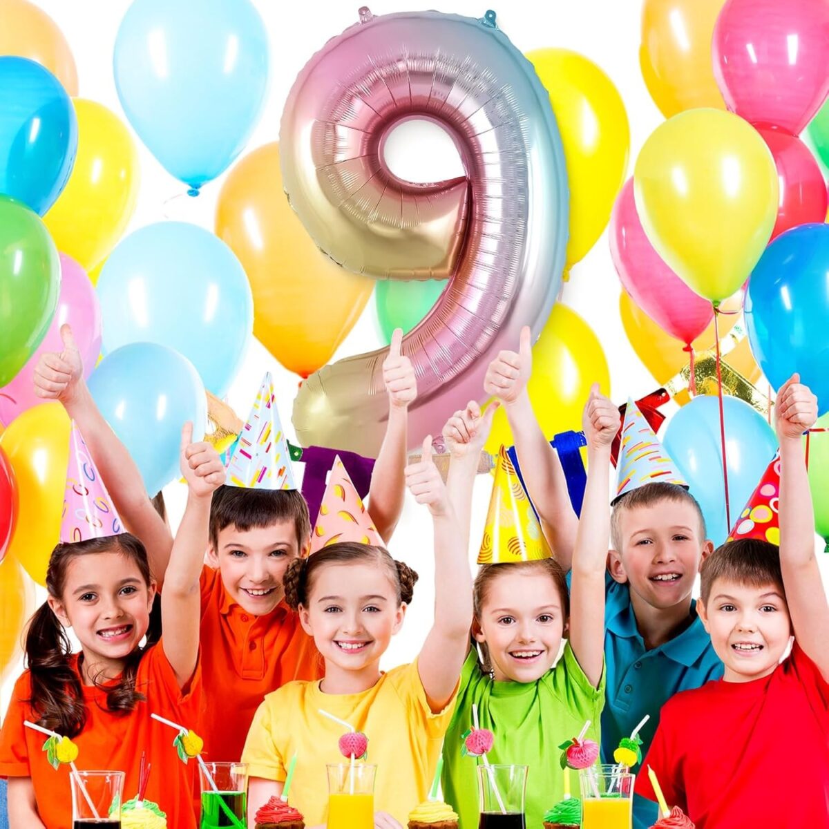 Balon din Folie Metalizata Embo, Figurina Cifra, Tema Aniversare 40 cm, Ambalaj Individual, Pai inclus, Umflare cu Aer sau Heliu, Multicolor, Cifra 9 - imagine 4