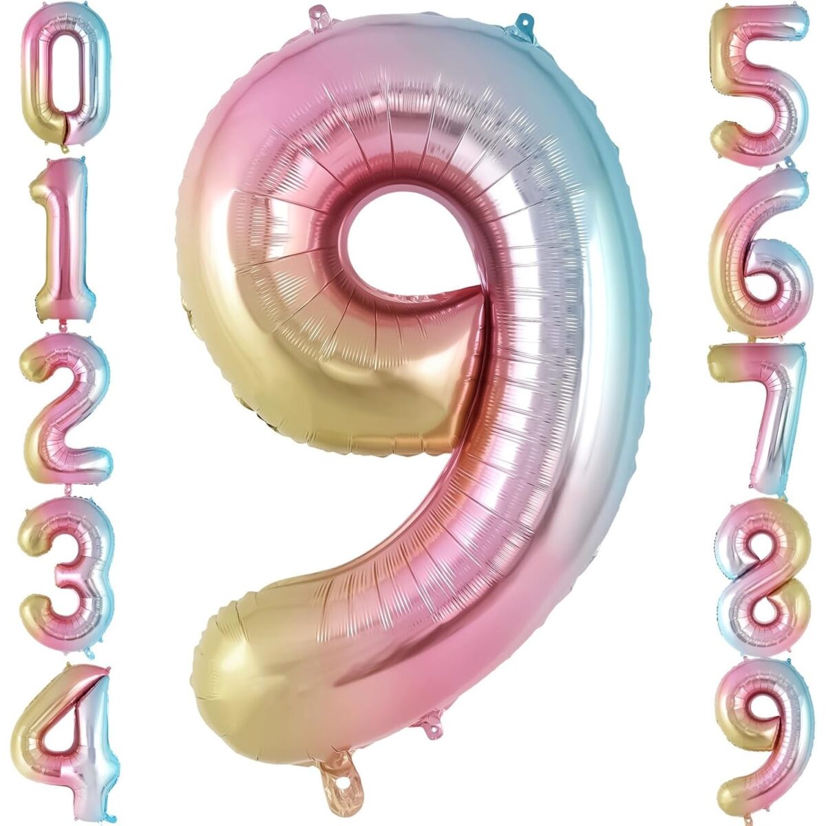Balon din Folie Metalizata Embo, Figurina Cifra, Tema Aniversare 40 cm, Ambalaj Individual, Pai inclus, Umflare cu Aer sau Heliu, Multicolor, Cifra 9 - imagine 6
