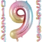 Balon din Folie Metalizata Embo, Figurina Cifra, Tema Aniversare 40 cm, Ambalaj Individual, Pai inclus, Umflare cu Aer sau Heliu, Multicolor, Cifra 9 - imagine 6