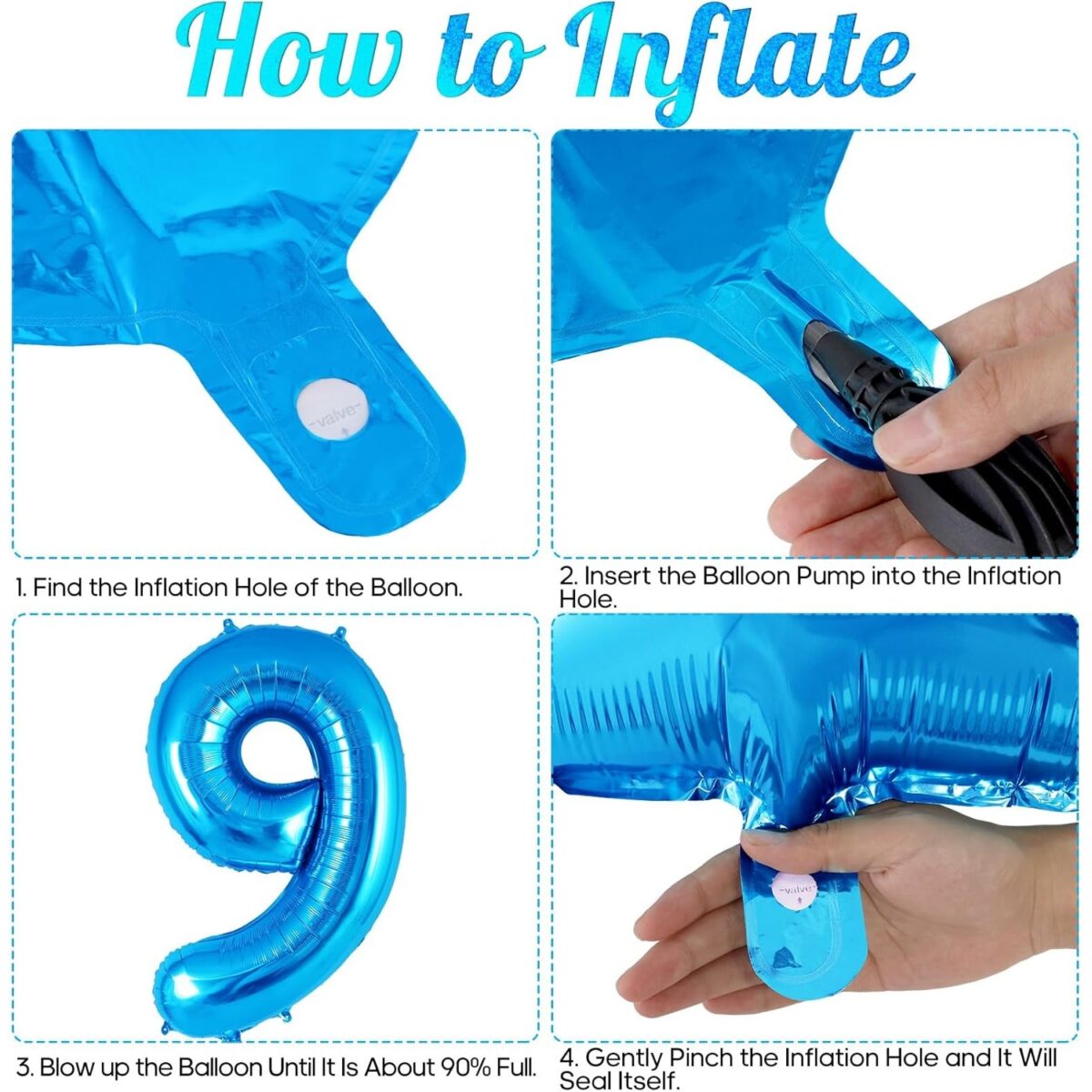 Balon din Folie Metalizata Embo, Figurina Cifra, Tema Aniversare 40 cm, Ambalaj Individual, Pai inclus, Umflare cu Aer sau Heliu, Albastru, Cifra 9 - imagine 2