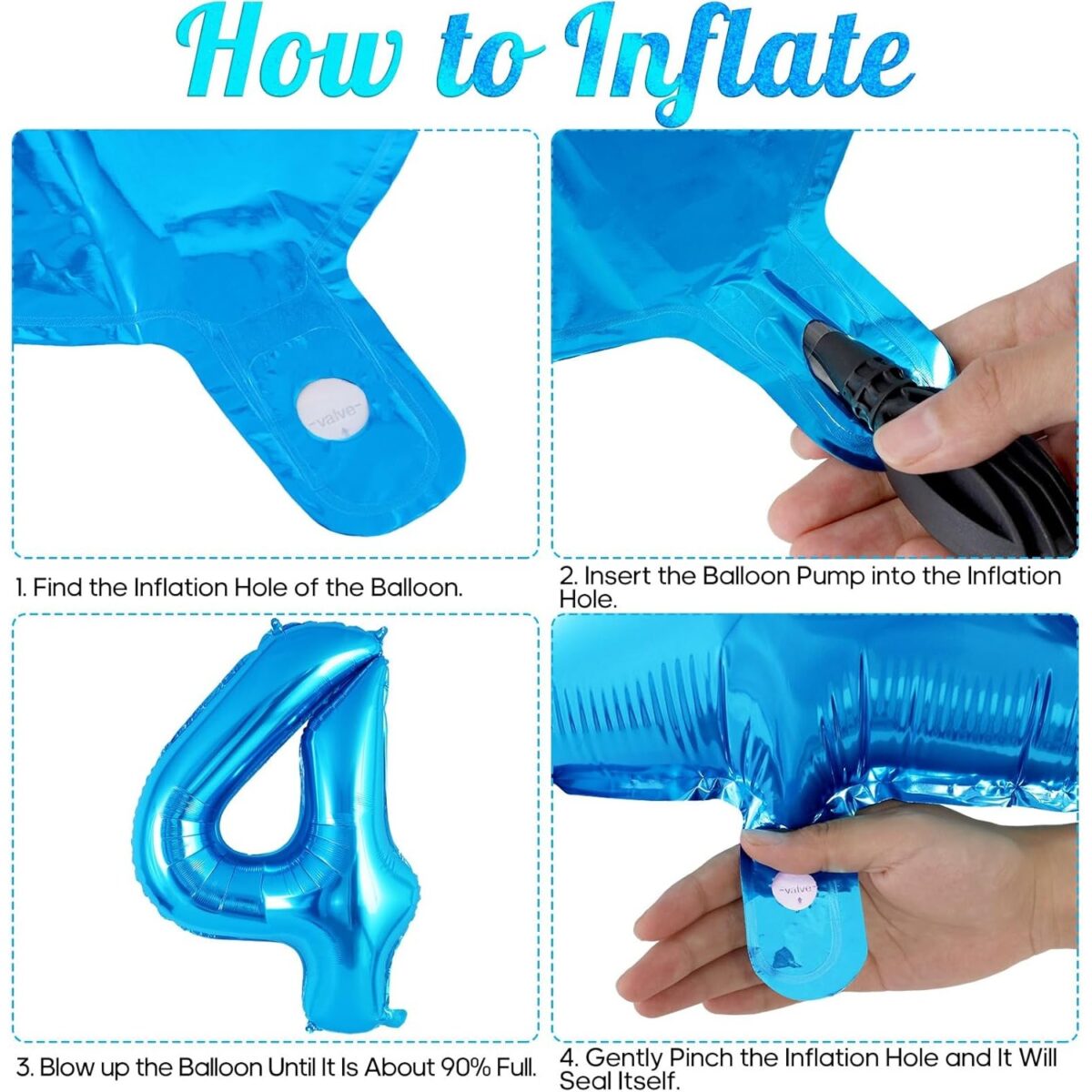 Balon din Folie Metalizata Embo, Figurina Cifra, Tema Aniversare 40 cm, Ambalaj Individual, Pai inclus, Umflare cu Aer sau Heliu, Albastru, Cifra 4 - imagine 2