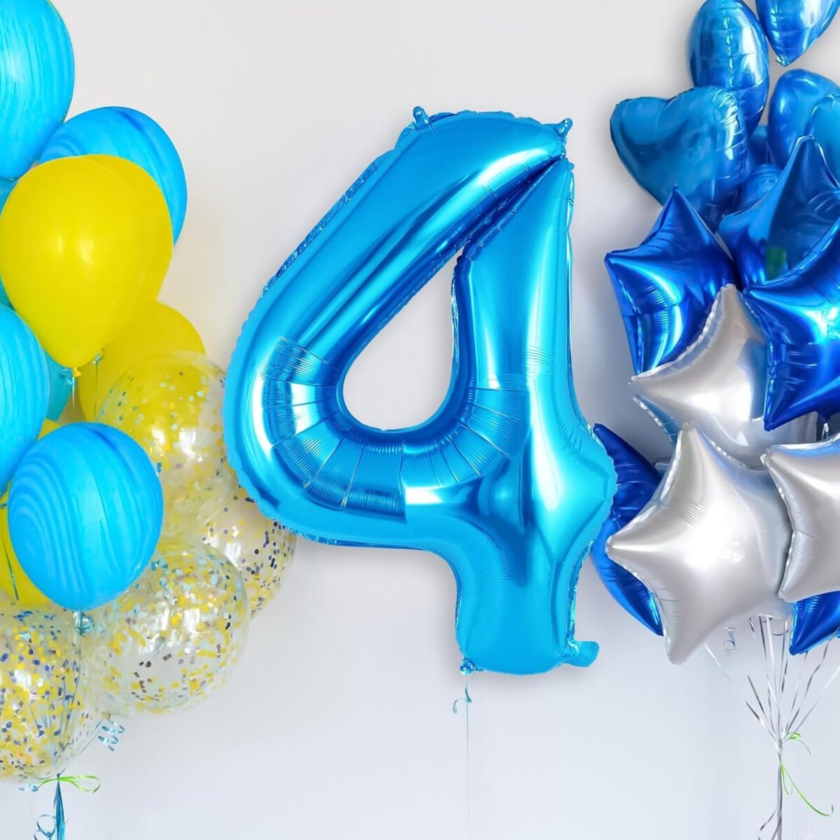 Balon din Folie Metalizata Embo, Figurina Cifra, Tema Aniversare 40 cm, Ambalaj Individual, Pai inclus, Umflare cu Aer sau Heliu, Albastru, Cifra 4 - imagine 5