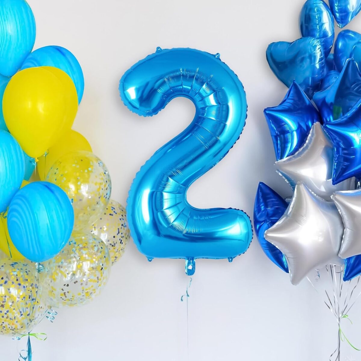 Balon din Folie Metalizata Embo, Figurina Cifra, Tema Aniversare 40 cm, Ambalaj Individual, Pai inclus, Umflare cu Aer sau Heliu, Albastru, Cifra 2 - imagine 5