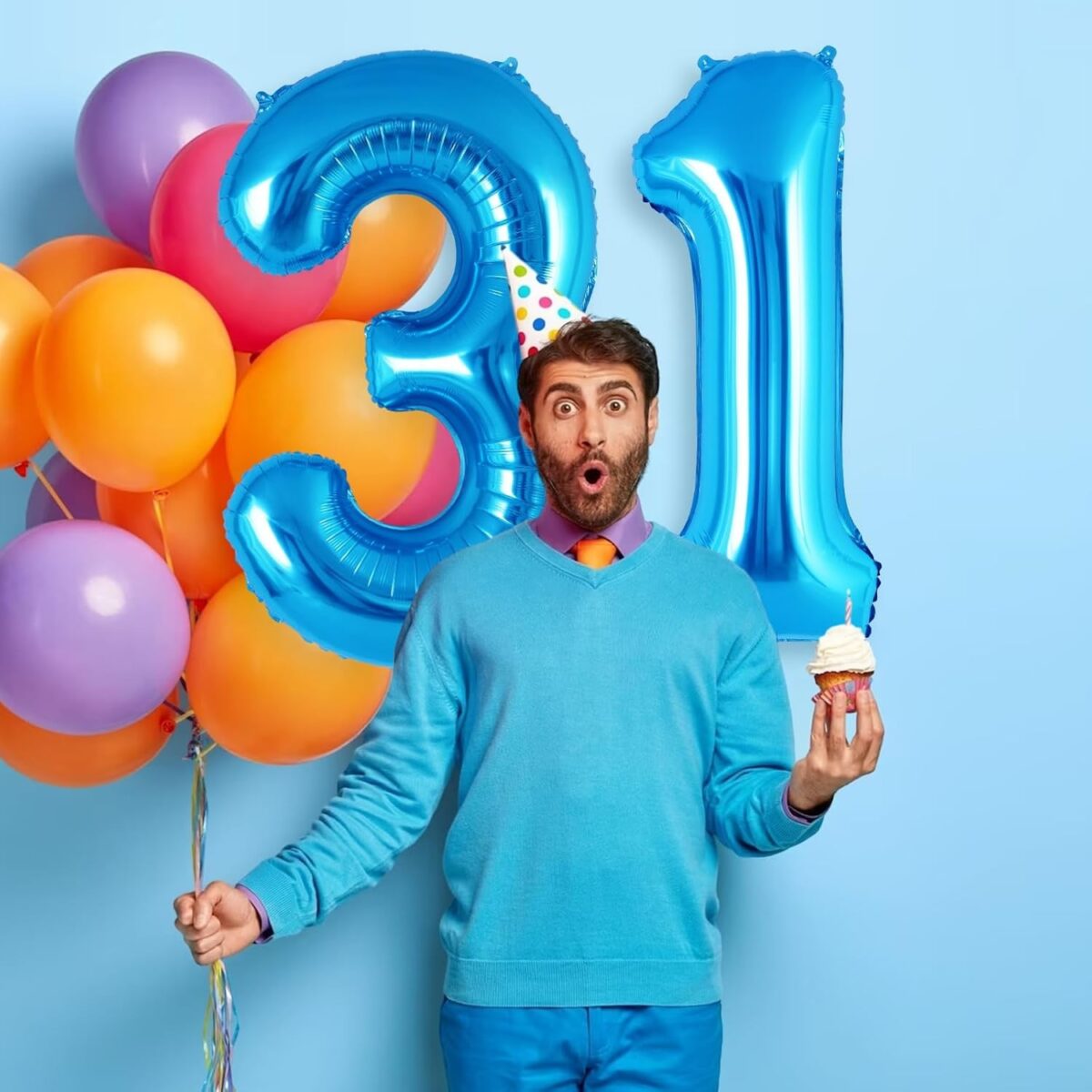 Balon din Folie Metalizata Embo, Figurina Cifra, Tema Aniversare 40 cm, Ambalaj Individual, Pai inclus, Umflare cu Aer sau Heliu, Albastru, Cifra 1 - imagine 3