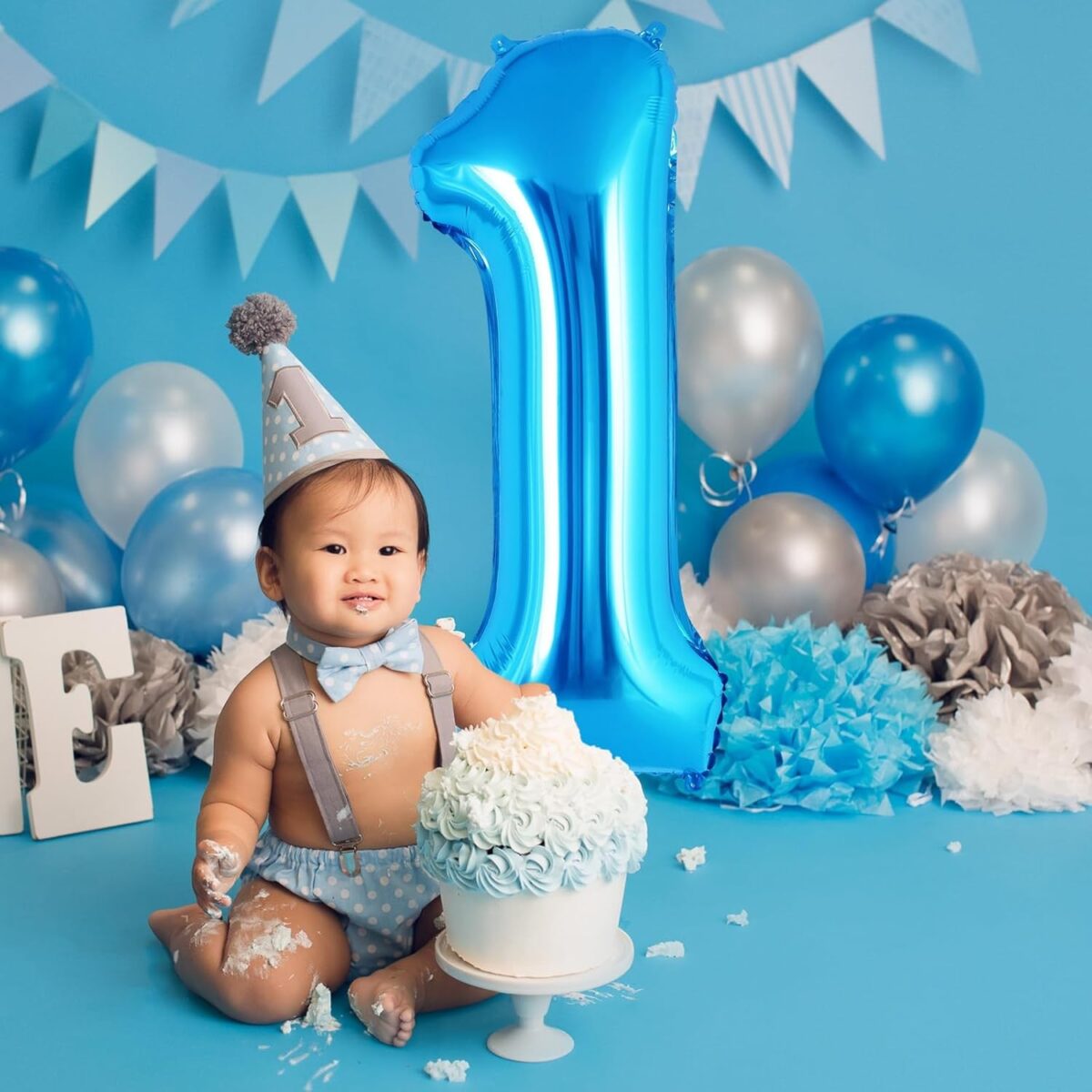 Balon din Folie Metalizata Embo, Figurina Cifra, Tema Aniversare 40 cm, Ambalaj Individual, Pai inclus, Umflare cu Aer sau Heliu, Albastru, Cifra 1 - imagine 5