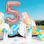 Balon din Folie Metalizata Embo, Figurina Cifra, Tema Aniversare 40 cm, Ambalaj Individual, Pai inclus, Umflare cu Aer sau Heliu, Rose Gold, Cifra 5 - imagine 3