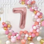 Balon din Folie Metalizata Embo, Figurina Cifra, Tema Aniversare 40 cm, Ambalaj Individual, Pai inclus, Umflare cu Aer sau Heliu, Rose Gold, Cifra 7 - imagine 2