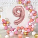 Balon din Folie Metalizata Embo, Figurina Cifra, Tema Aniversare 40 cm, Ambalaj Individual, Pai inclus, Umflare cu Aer sau Heliu, Rose Gold, Cifra 9 - imagine 2
