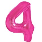 Balon din Folie Metalizata Embo, Figurina Cifra, Tema Aniversare 40 cm, Ambalaj Individual, Pai inclus, Umflare cu Aer sau Heliu, Roz, Cifra 4