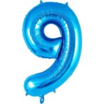 Balon din Folie Metalizata Embo, Figurina Cifra, Tema Aniversare 40 cm, Ambalaj Individual, Pai inclus, Umflare cu Aer sau Heliu, Albastru, Cifra 9